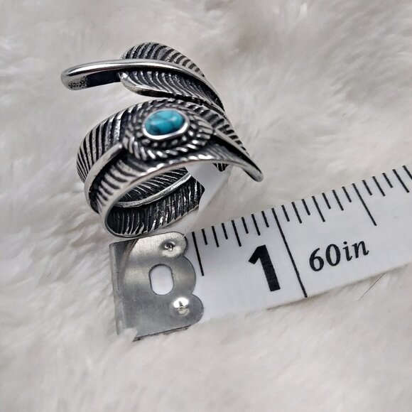 Boho Stainless Steel Feather Turquoise Ring Festival Gypsy Bohemian - Picture 7 of 8